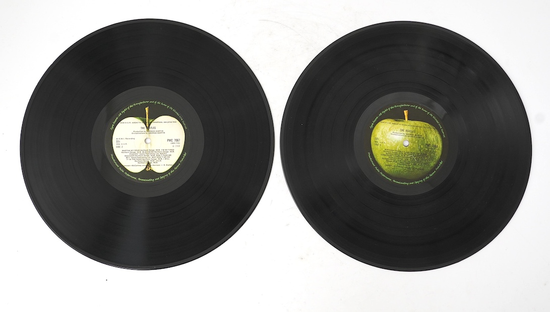 The Beatles; The Beatles (The White Album) double LP record album, No.0138392, on Apple PMC 7067, XEX 709-2, top loading cover with black inner sleeves. Condition - fair, some to sleeves and visible scratches to the viny